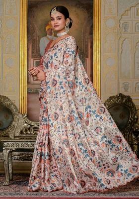 Off White Mirror Work Silk Saree Set