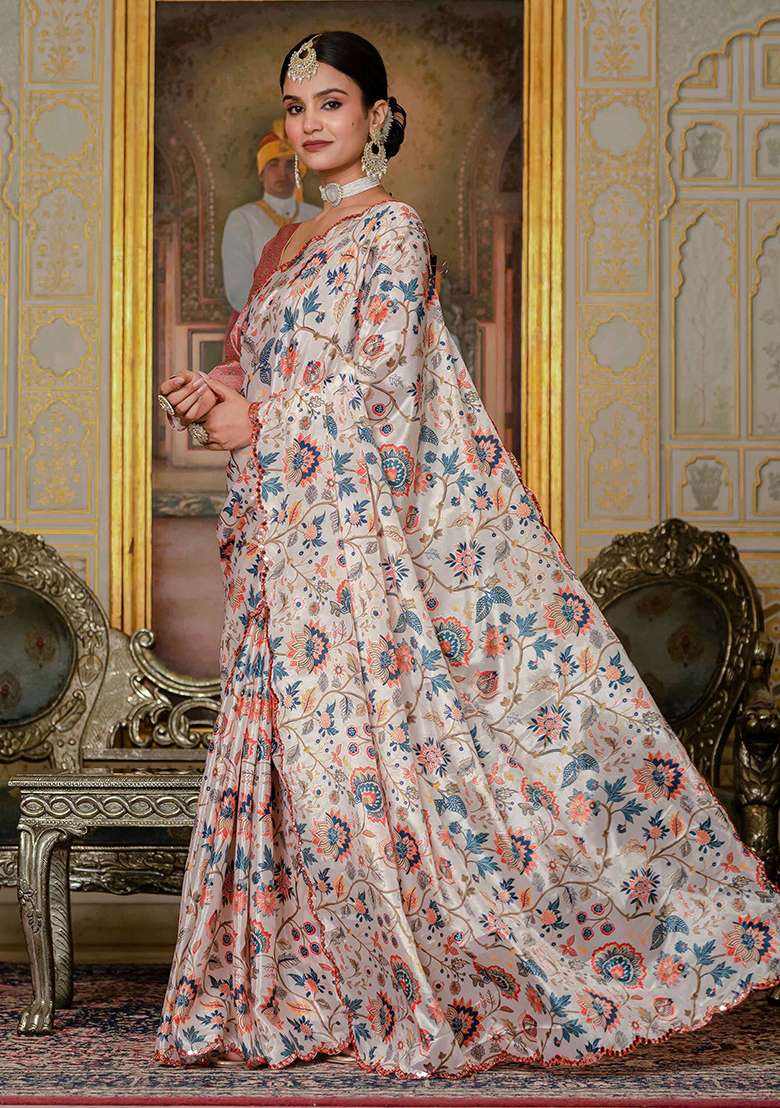 Off White Mirror Work Chinon Blend Saree Set for Diwali and Festive Wear - Indya
