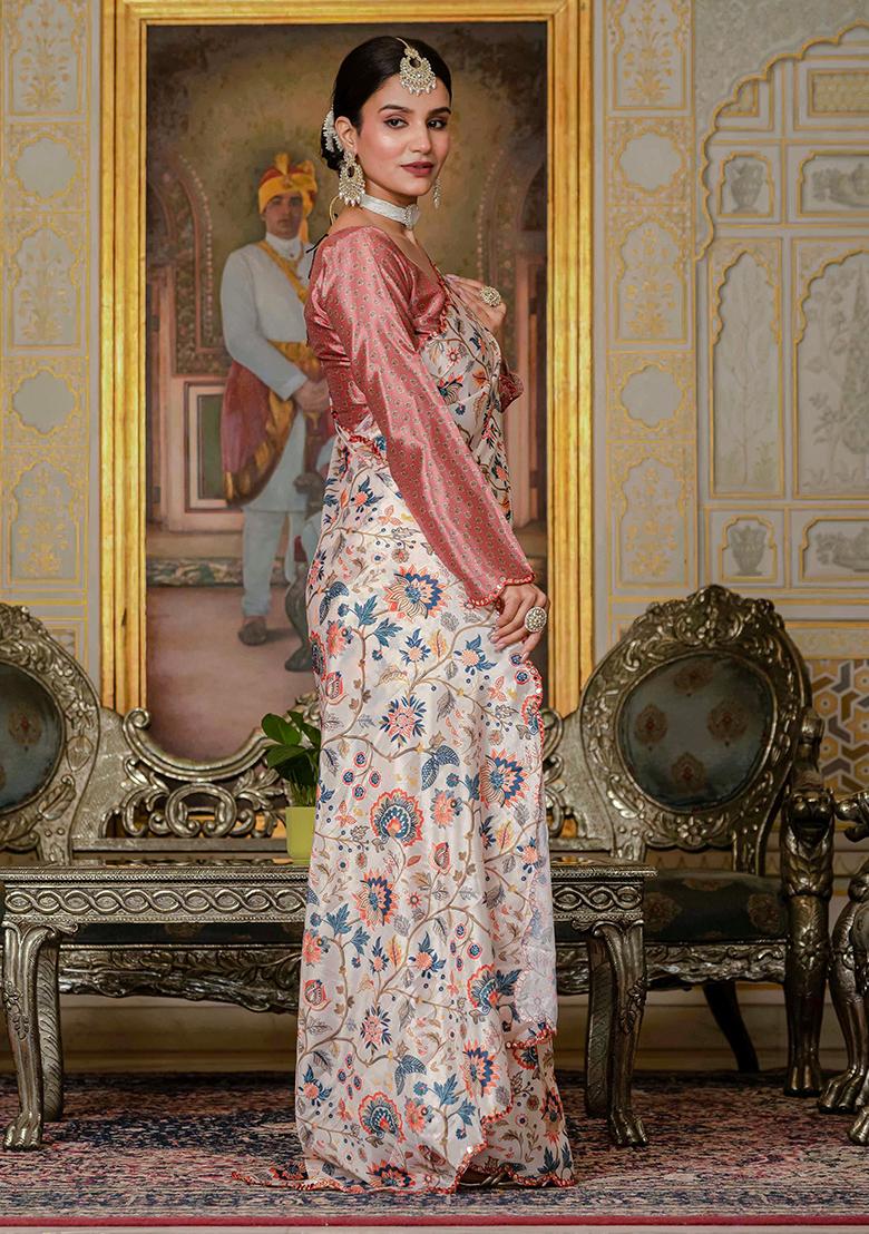 Off White Mirror Work Silk Saree Set - Indya