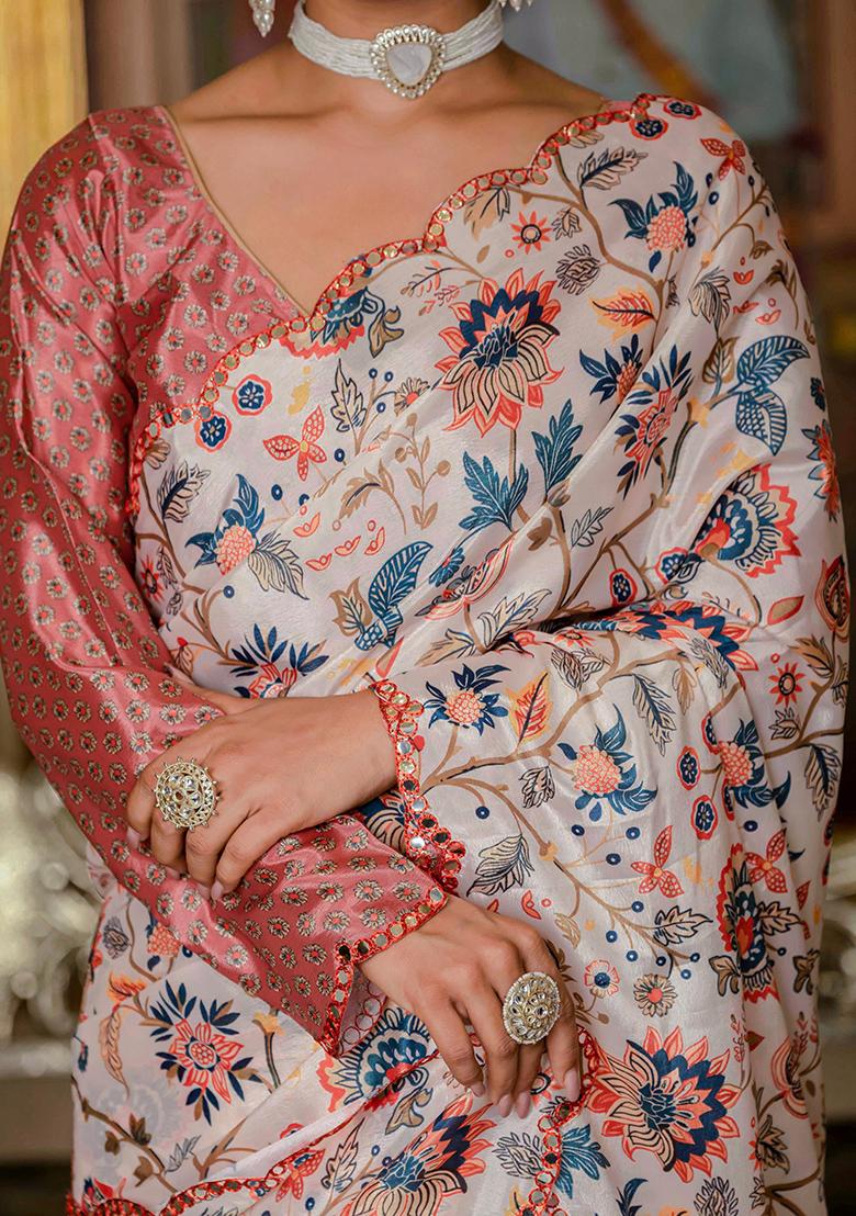 Off White Mirror Work Silk Saree Set - Indya