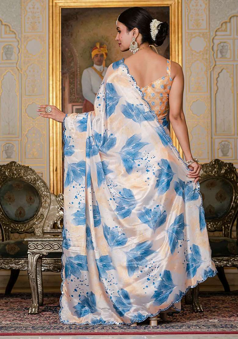 White And Beige Mirror Work Chinon Blend Saree Set for Diwali and Festive Wear - Indya