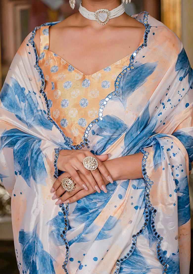 White And Beige Mirror Work Silk Saree Set - Indya