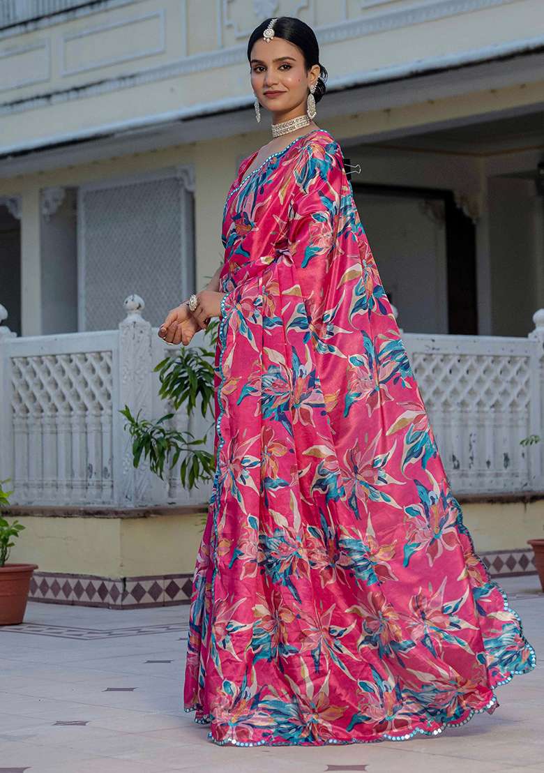 Rani Pink Mirror Work Chinon Blend Saree Set for Diwali and Festive Wear - Indya