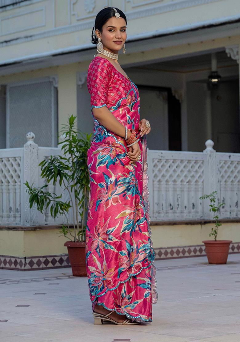 Rani Pink Mirror Work Silk Saree Set - Indya