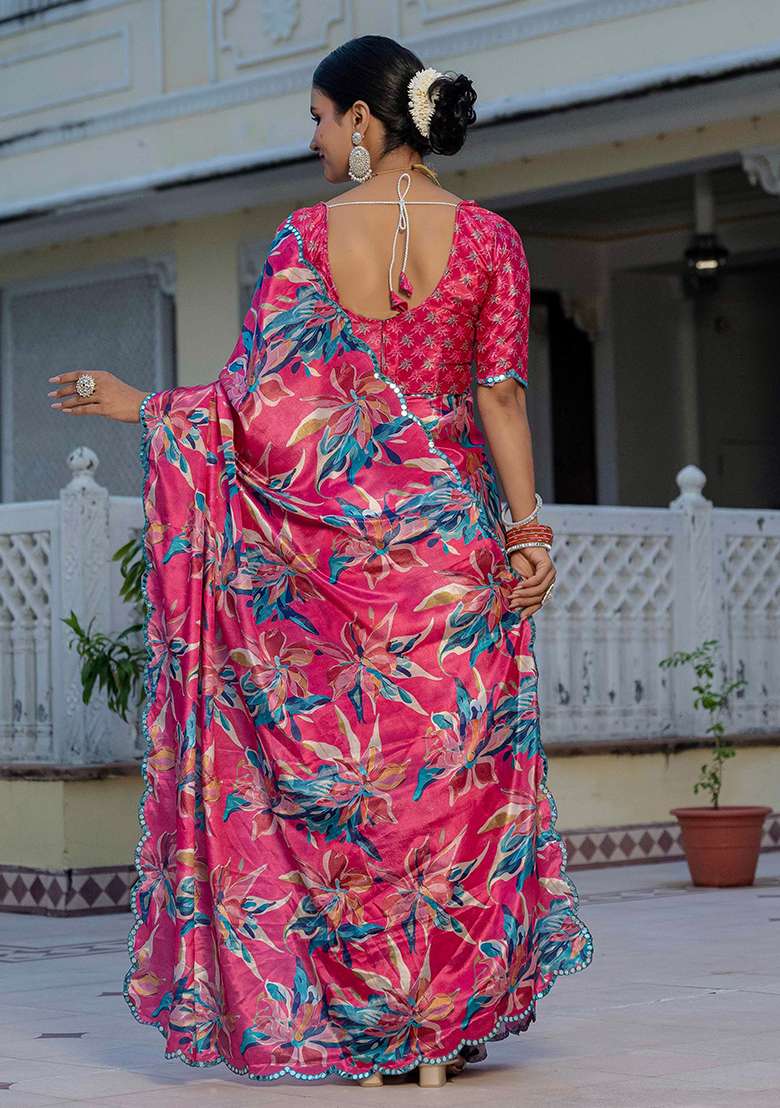 Rani Pink Mirror Work Chinon Blend Saree Set for Diwali and Festive Wear - Indya