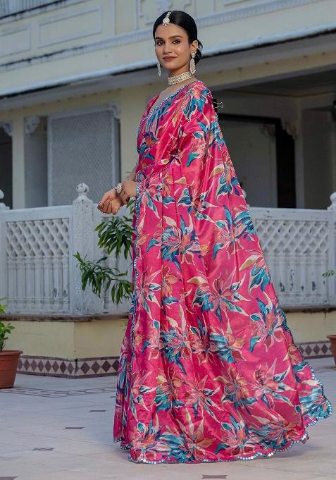 Rani Pink Mirror Work Silk Saree Set