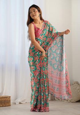 Green And Pink Mirror Work Silk Saree Set