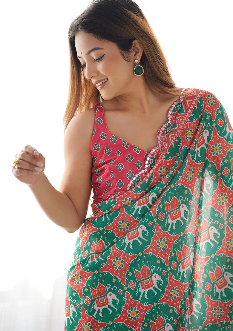 Green And Pink Mirror Work Silk Saree Set - Indya
