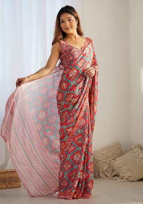 Red And Green Mirror Work Silk Saree Set