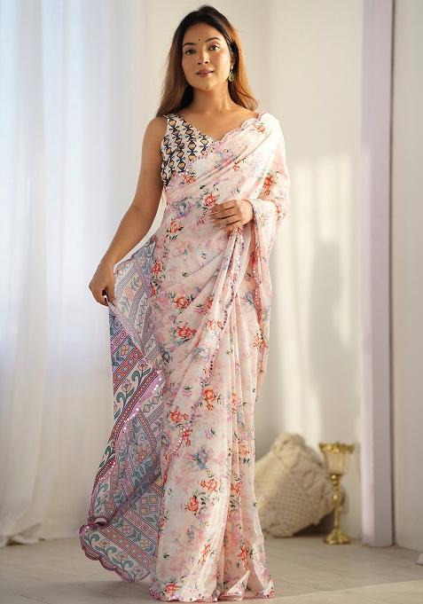 Cream Mirror Work Silk Saree Set