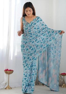 Sky Blue Mirror Work Silk Saree Set