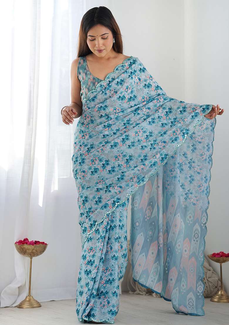 Sky Blue Chinon Blend Saree Set with Mirror Work for Diwali | Wedding & Festive Wear - Indya
