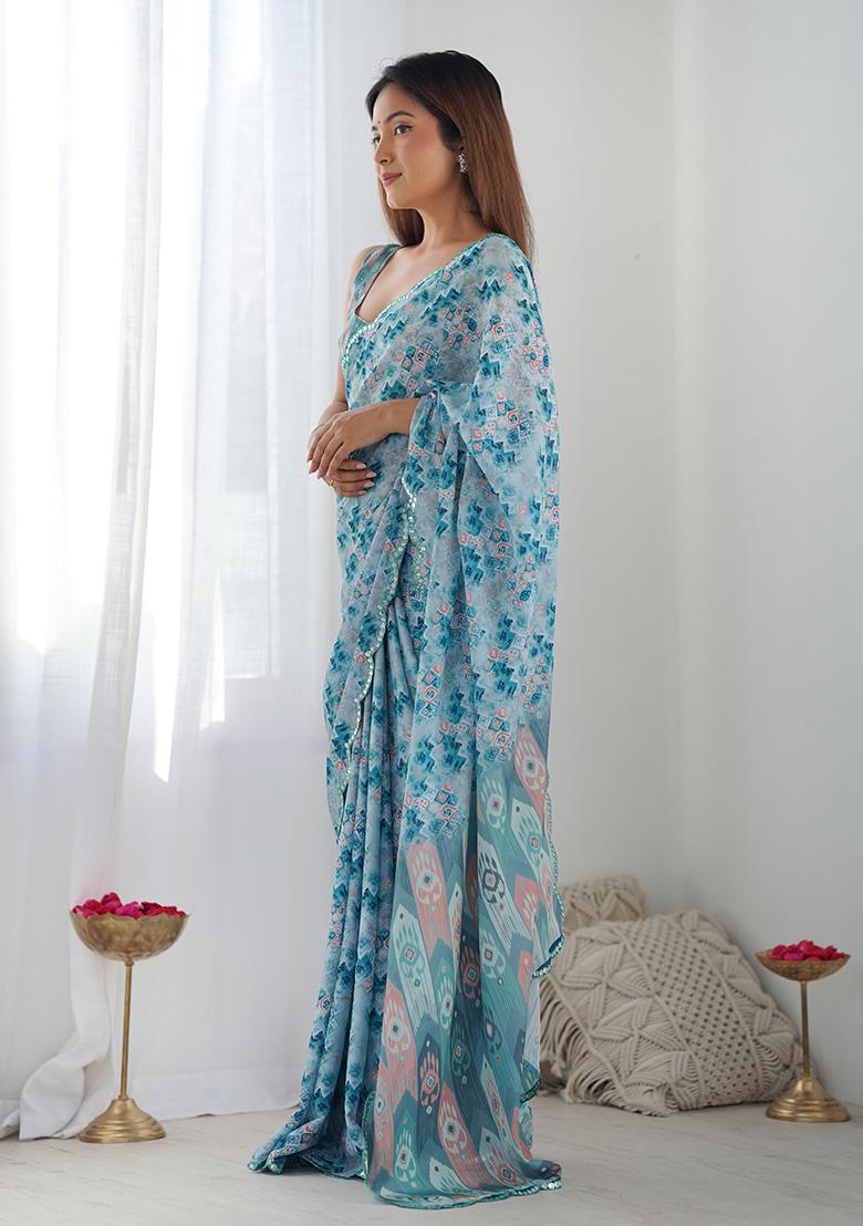 Sky Blue Mirror Work Silk Saree Set - Indya
