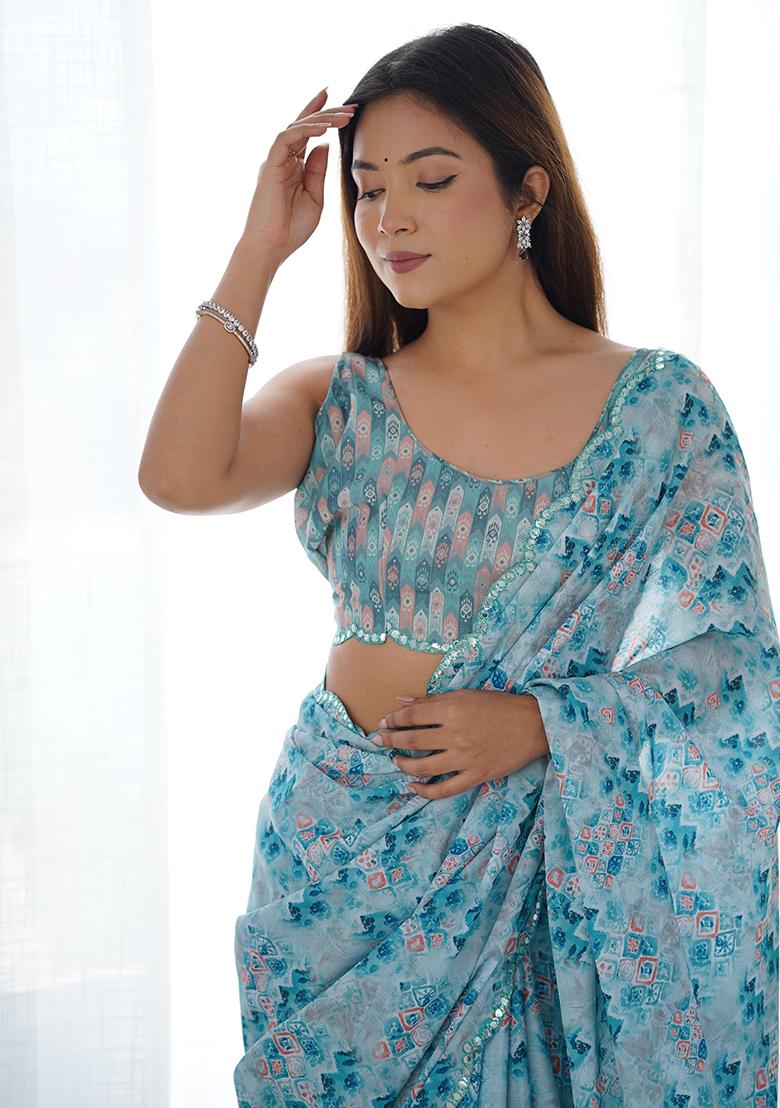 Sky Blue Mirror Work Silk Saree Set - Indya