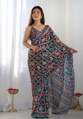 Teal Blue Mirror Work Silk Saree Set
