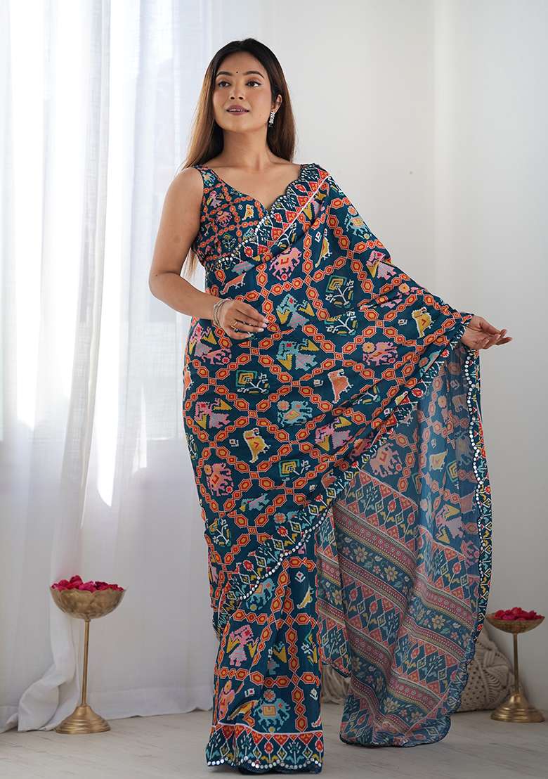 Teal Blue Mirror Work Chinon Blend Saree Set for Diwali and Festive Wear - Indya
