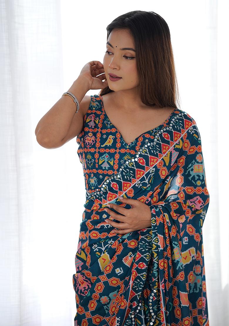 Teal Blue Mirror Work Silk Saree Set - Indya