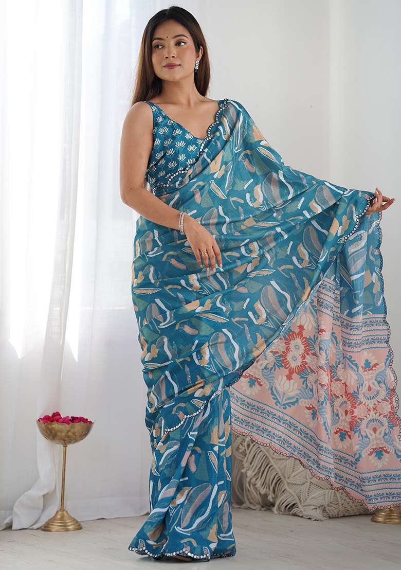 Teal Blue And Beige Chinon Blend Saree Set with Mirror Work for Diwali | Wedding & Festive Wear - Indya