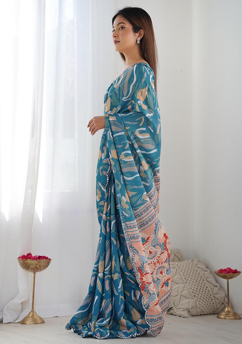 Teal Blue And Beige Mirror Work Silk Saree Set - Indya
