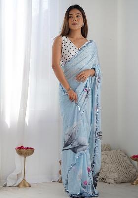 Light Blue Mirror Work Silk Saree Set