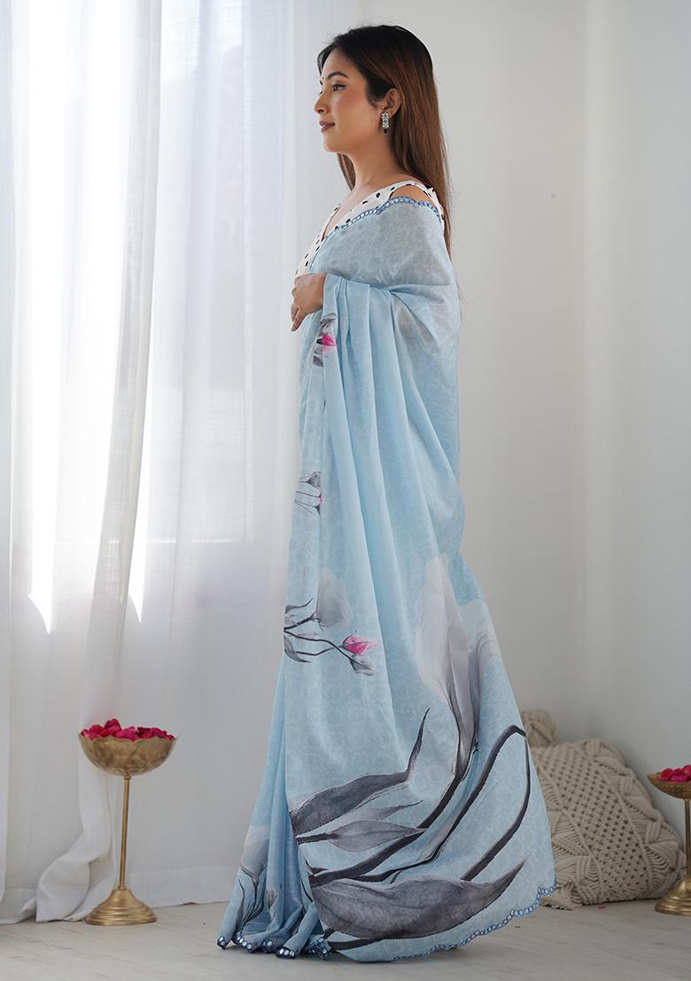 Light Blue Mirror Work Silk Saree Set - Indya