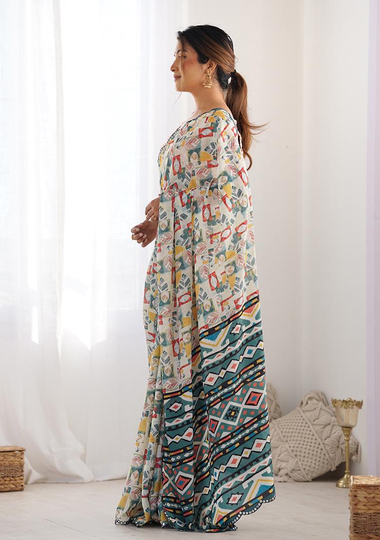 Off White Mirror Work Silk Saree Set - Indya