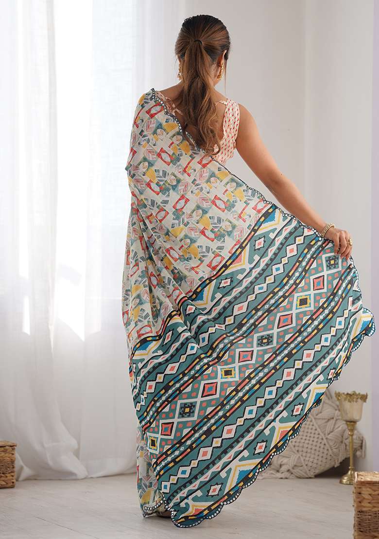 Off White Mirror Work Chinon Blend Saree Set for Diwali and Festive Wear - Indya