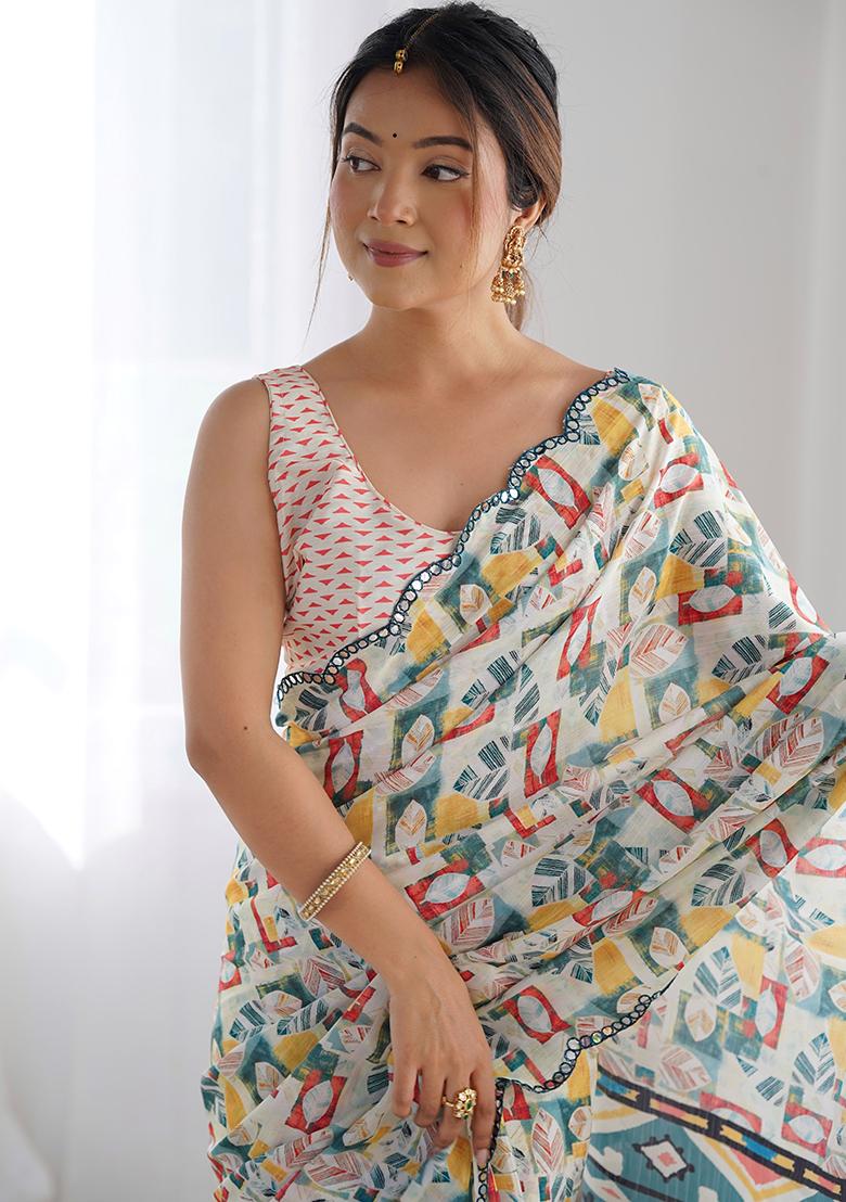 Off White Mirror Work Silk Saree Set - Indya