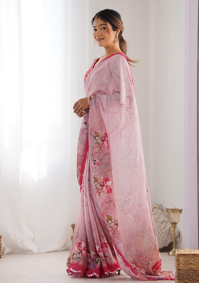 Baby Pink Mirror Work Silk Saree Set - Indya