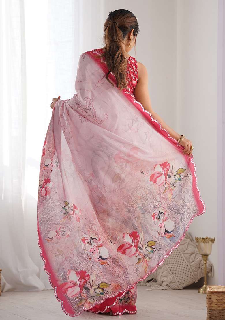 Baby Pink Mirror Work Chinon Blend Saree Set for Diwali and Festive Wear - Indya