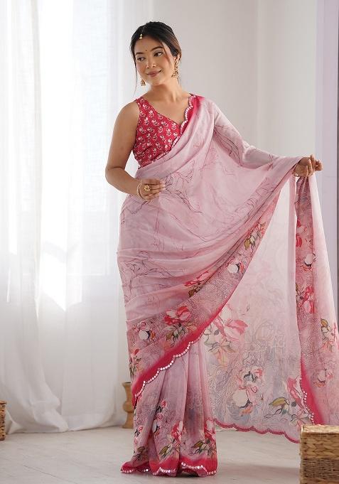Baby Pink Mirror Work Silk Saree Set