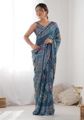 Teal Blue Mirror Work Silk Saree Set