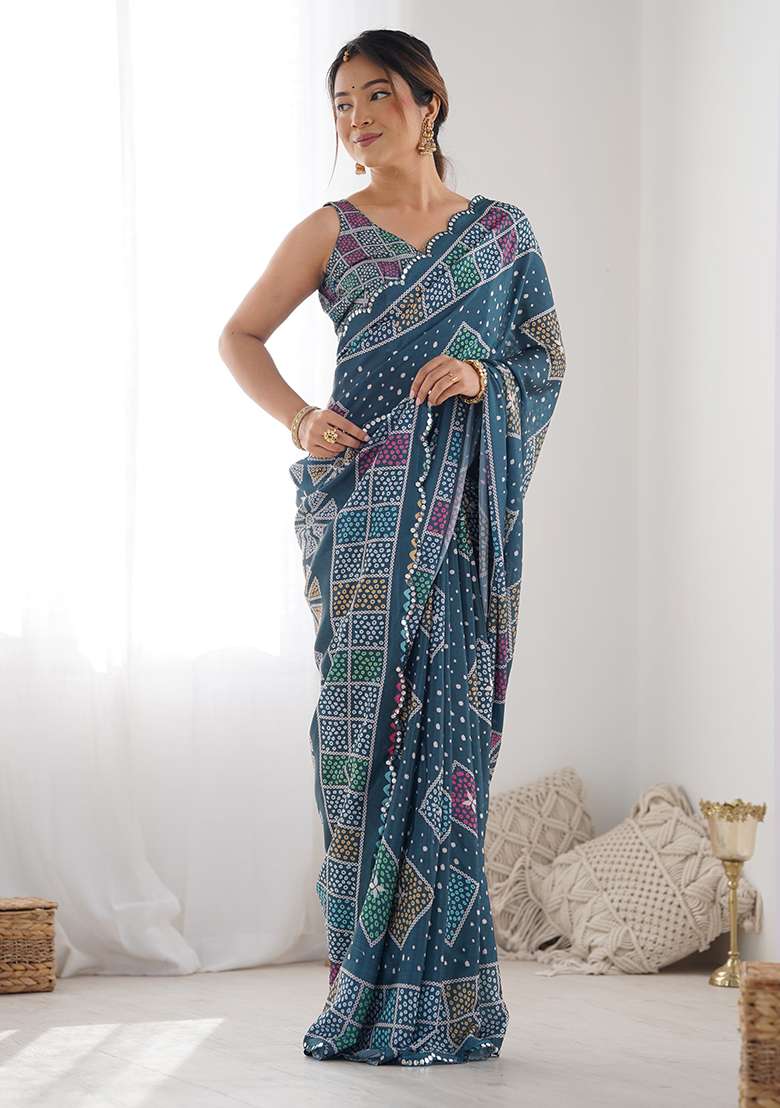 Teal Blue Chinon Blend Saree Set with Mirror Work for Diwali | Wedding & Festive Wear - Indya