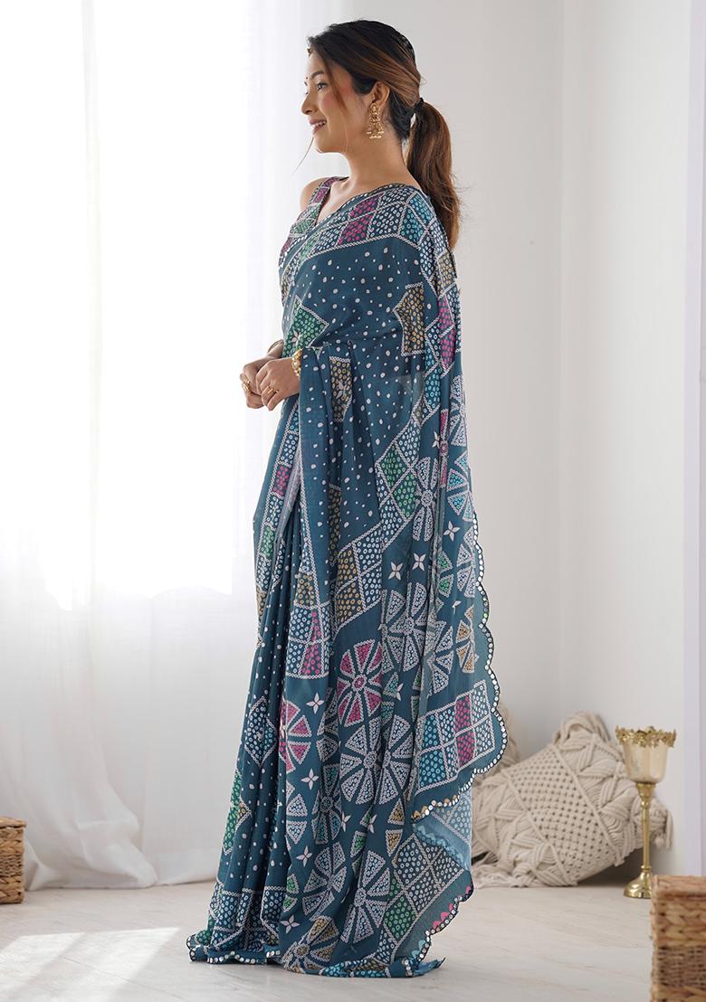 Teal Blue Mirror Work Silk Saree Set - Indya