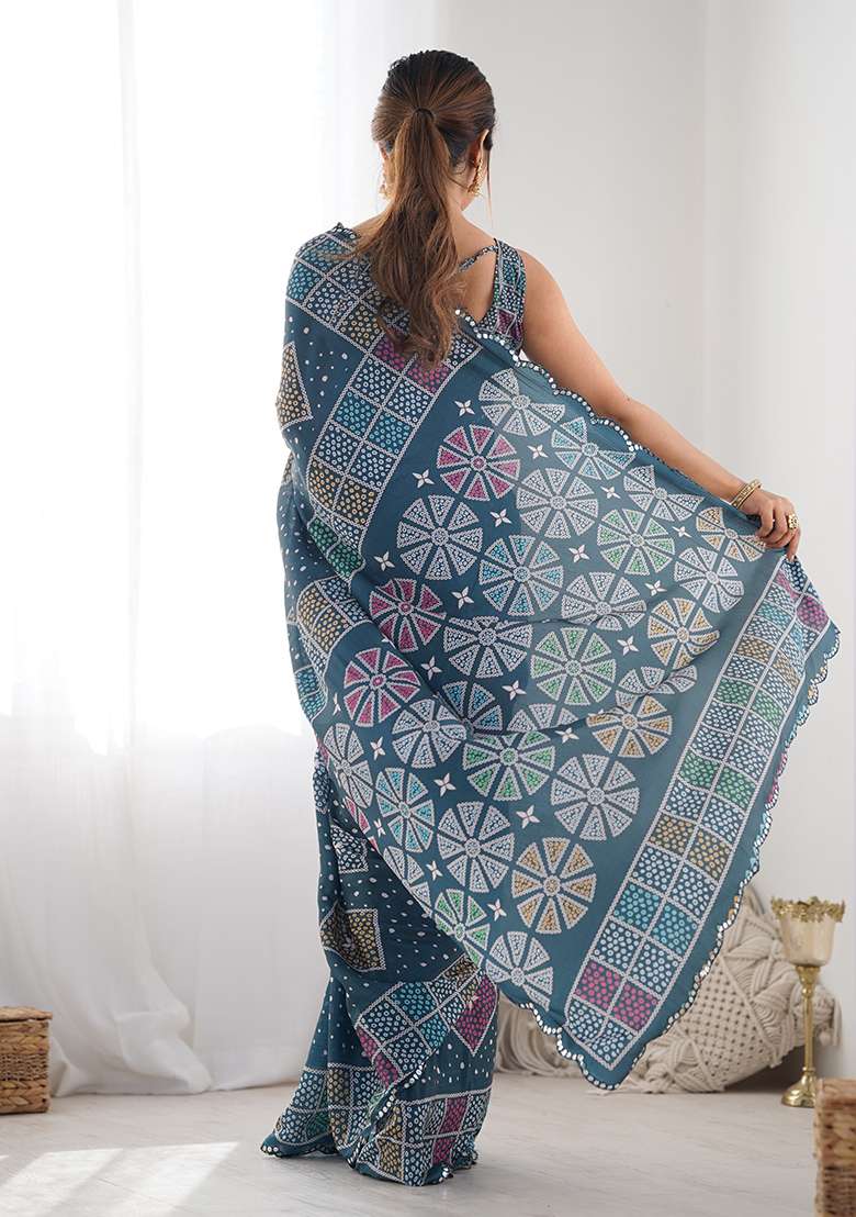 Teal Blue Chinon Blend Saree Set with Mirror Work for Diwali | Wedding & Festive Wear - Indya