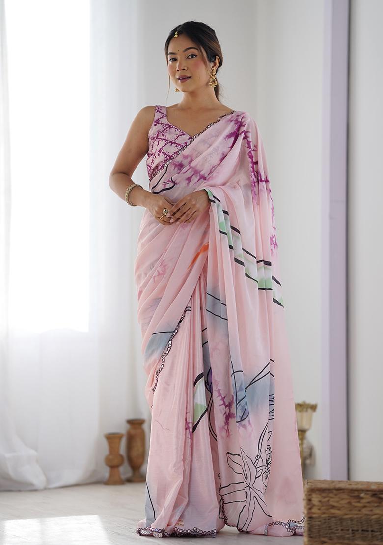 Light Peach Mirror Work Silk Saree Set - Indya
