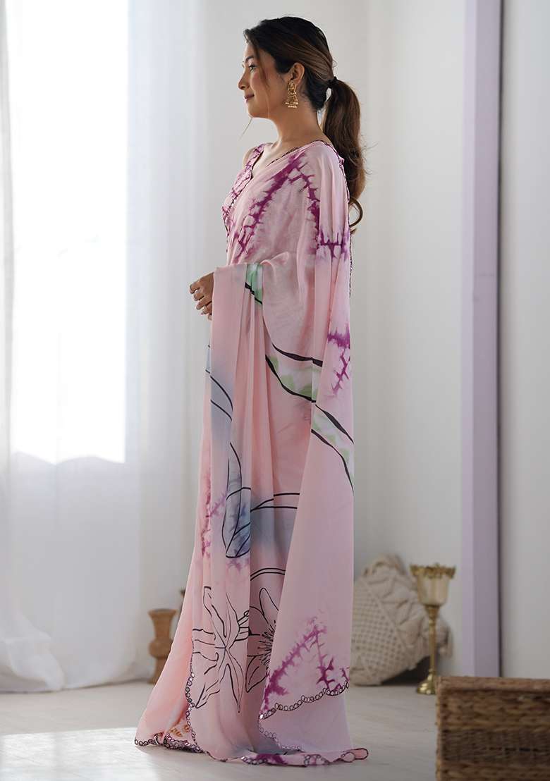 Light Peach Chinon Blend Saree Set with Mirror Work for Diwali | Wedding & Festive Wear - Indya