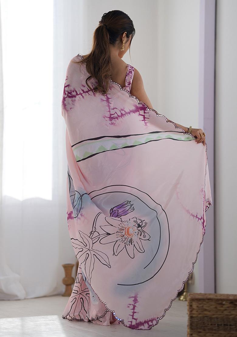 Light Peach Mirror Work Silk Saree Set - Indya