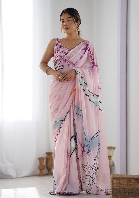 Light Peach Mirror Work Silk Saree Set