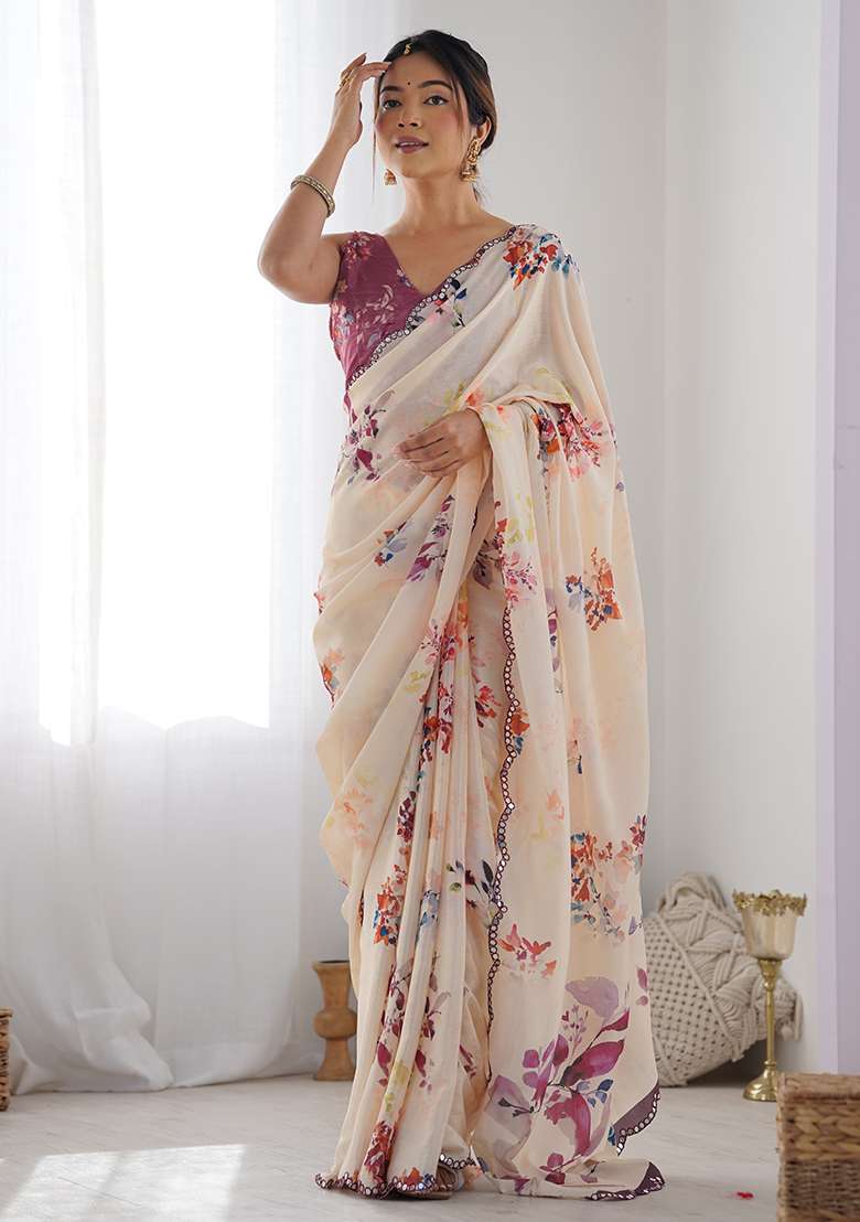 Cream Mirror Work Chinon Blend Saree Set for Diwali and Festive Wear - Indya