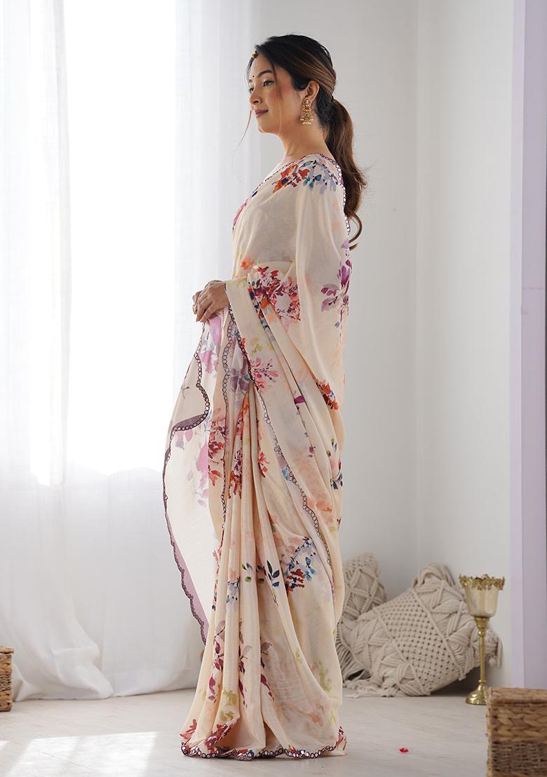 Cream Mirror Work Silk Saree Set - Indya