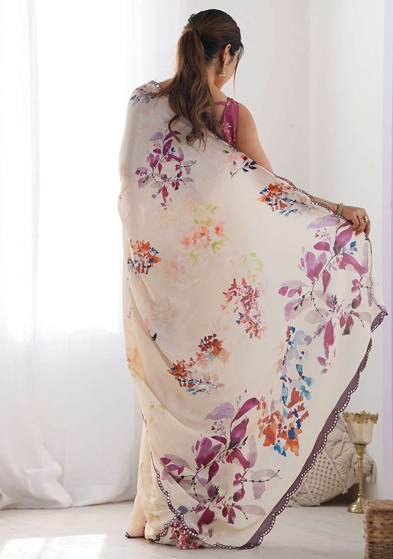 Cream Mirror Work Chinon Blend Saree Set for Diwali and Festive Wear - Indya