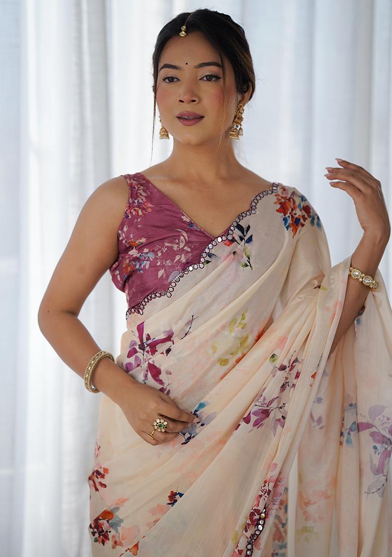 Cream Mirror Work Silk Saree Set - Indya