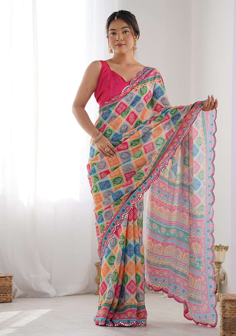 Rani Pink Chinon Blend Saree Set with Mirror Work for Diwali | Wedding & Festive Wear - Indya