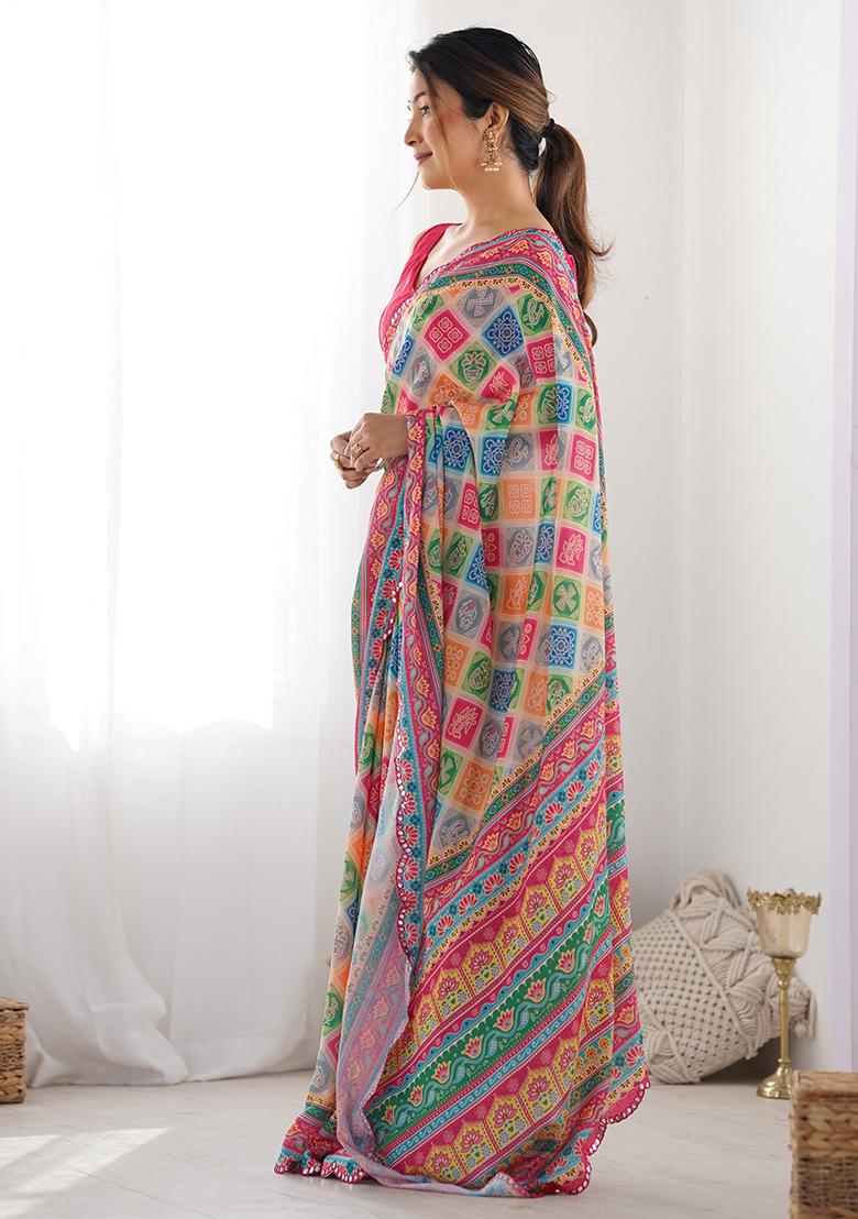 Rani Pink Mirror Work Silk Saree Set - Indya