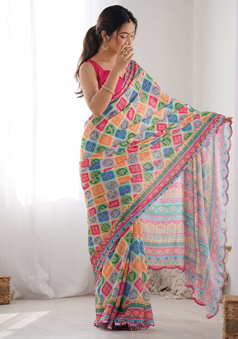 Rani Pink Chinon Blend Saree Set with Mirror Work for Diwali | Wedding & Festive Wear - Indya