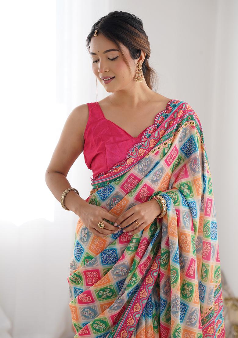 Rani Pink Mirror Work Silk Saree Set - Indya