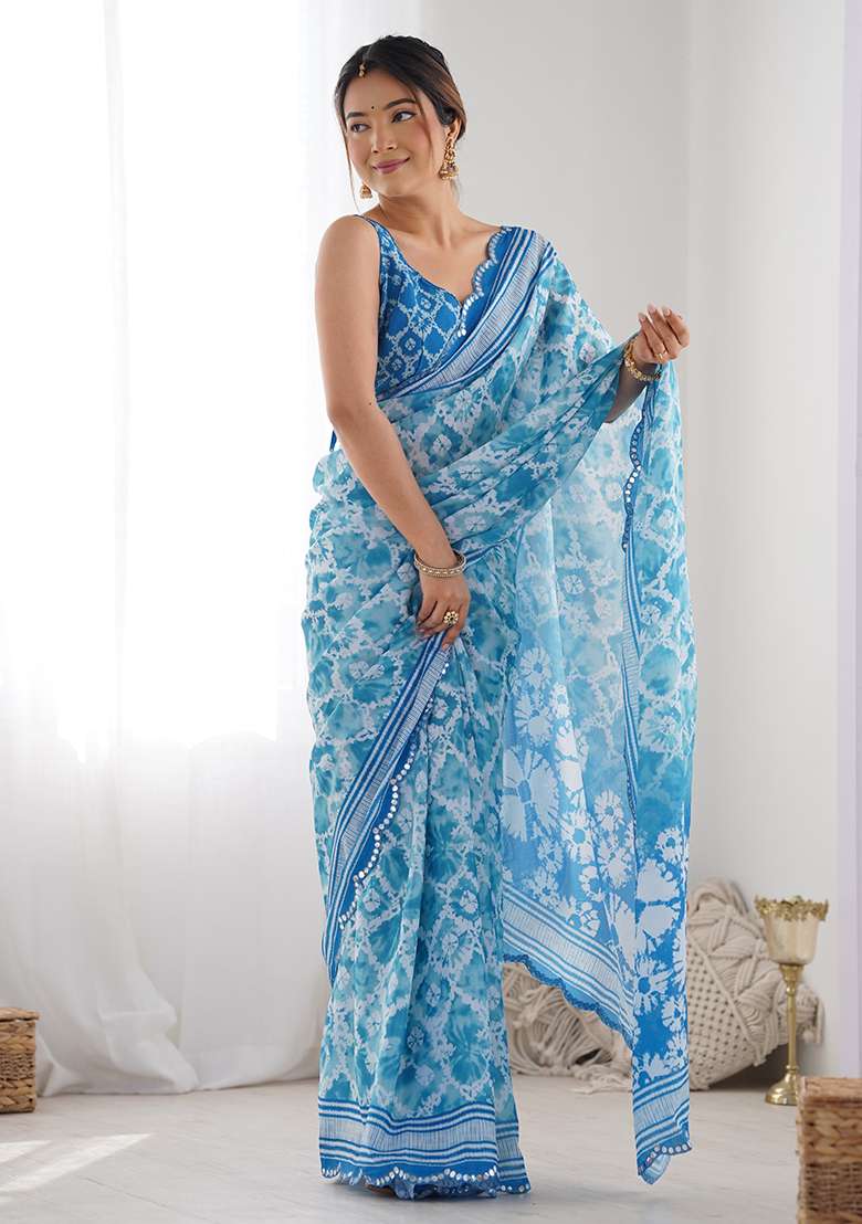 Blue Chinon Blend Saree Set with Mirror Work for Diwali | Wedding & Festive Wear - Indya