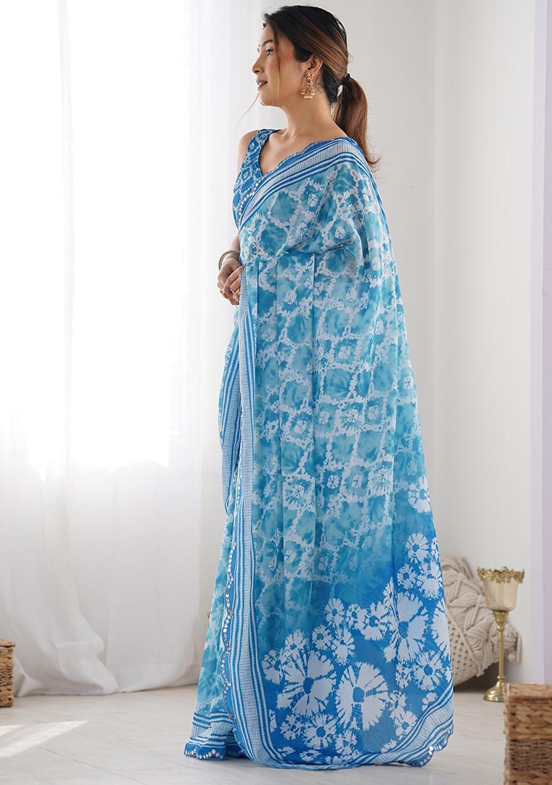 Blue Mirror Work Silk Saree Set - Indya