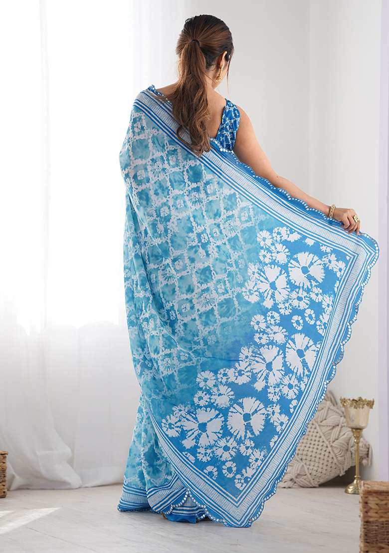 Blue Chinon Blend Saree Set with Mirror Work for Diwali | Wedding & Festive Wear - Indya